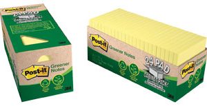 3M 654R-24CP-CY Post-it 100% Recycled Notes Yellow 24Pads
