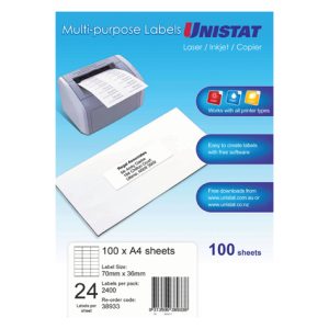 UNISTAT 38933 Laser Inkjet & Copier Labels 70 x 36mm 24 Labels/Sheet 2400 Labels/Pk