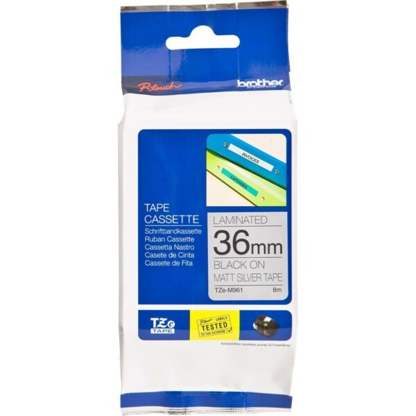 Brother Tape 36mm x 8m Black on Silver TZe-M961