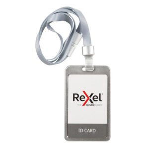 Rexel ID Card Holder With Lanyard Aluminium Silver Portrait