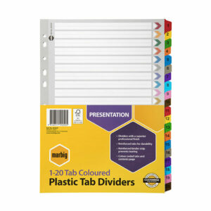 Marbig Indices and Dividers are ideal for use in all binders and lever arch files. Available in a variety of tabs and colours. Organising your filing is even easier with Marbig!