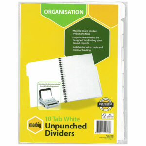 Marbig Indices and Dividers are ideal for use in all binders and lever arch files. Available in a variety of tabs and colours. Organising your filing is even easier with Marbig!