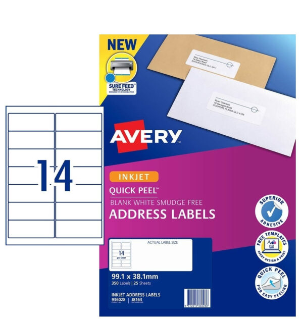 Labels 14up InkJet 99x38 Avery 936028 White Permanent 350 labels 25 Sheets