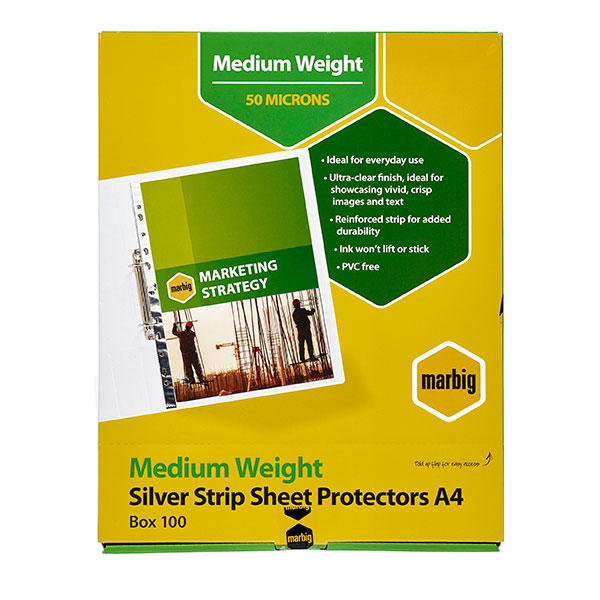 Marbig 25101 A4 Medium Weight Silver Strip Sheet Protector Box 100