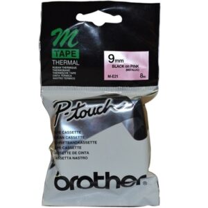 Brother Tape 9mm x 8m Metallic Black on Pink M-E21
