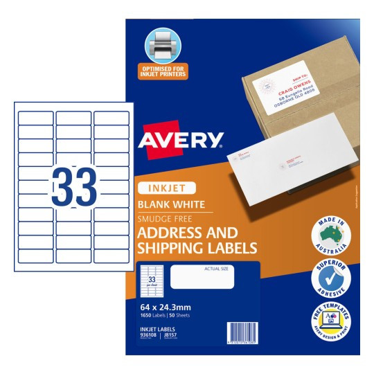 Avery 936108 j8157 Address Labels Inkjet 33UP White Pack 50