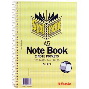 Spirax #570 Notebook A5 2 Note Pockets 200 Page 5 Pack